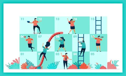 Vector design of Snakes and ladder in collaboration and teamwork. challenges  Stock Illustration
