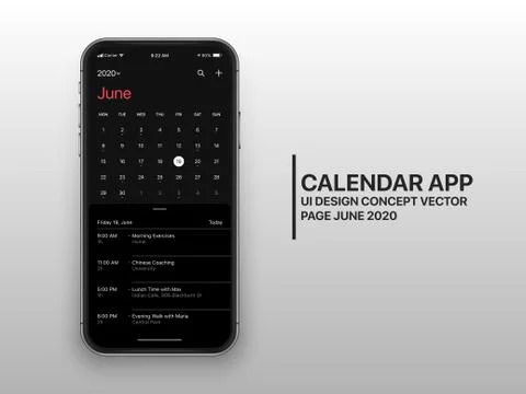 Vector Design Template Dark Mode Calendar App UI UX Concept Page June 2020 Stock Illustration