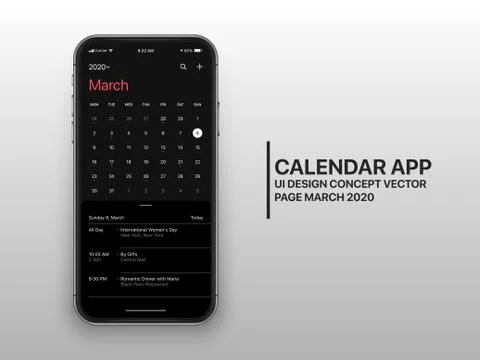 Vector Design Template Dark Mode Calendar App UI UX Concept Page March 2020 Stock Illustration