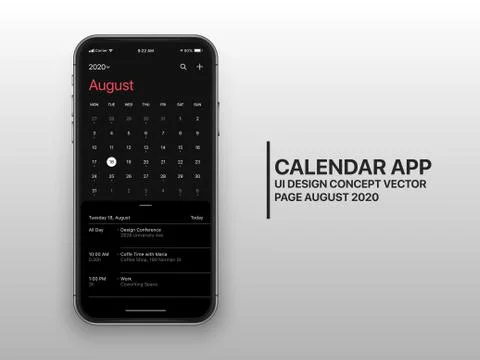 Vector Design Template Dark Mode Calendar App UI UX Concept Page August 2020 Stock Illustration
