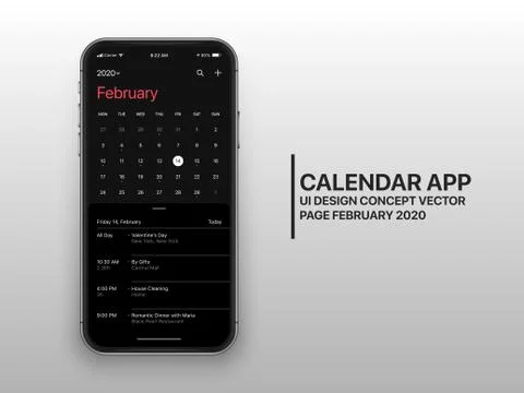 Vector Design Template Dark Mode Calendar App UI UX Concept Page February 2020 Stock Illustration