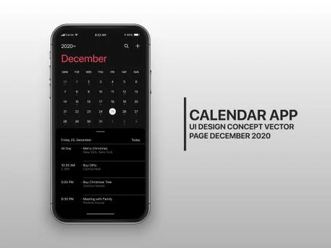 Vector Design Template Dark Mode Calendar App UI UX Concept Page December 2020 Stock Illustration