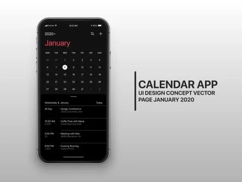 Vector Design Template Dark Mode Calendar App UI UX Concept Page January 2020 Stock Illustration