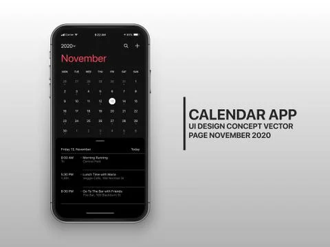 Vector Design Template Dark Mode Calendar App UI UX Concept Page November 2020 Stockillustratie
