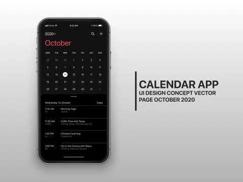 Vector Design Template Dark Mode Calendar App UI UX Concept Page October 2020 Stock Illustration