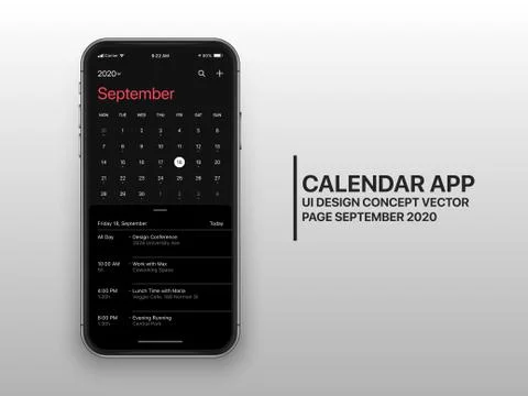 Vector Design Template Dark Mode Calendar App UI UX Concept Page September 2020 Stockillustratie