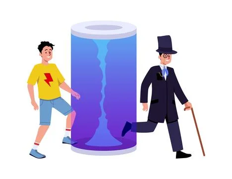 Vector design on the theme of time travel, depicting a young guy entering a Illustrazione stock