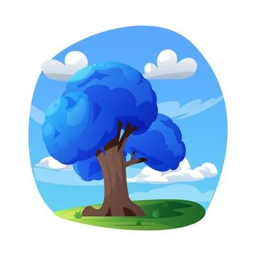Vector design of a tree with blue crown and sky clouds. Fantasy nature. Stock Illustration