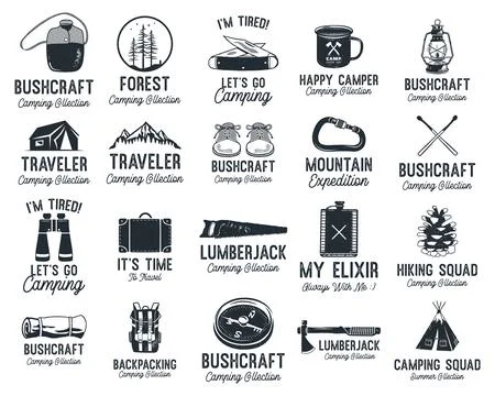 Vector design with various camp theme stickers on white background Illustrazione stock