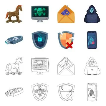 Vector design of virus and secure sign. Collection of virus and cyber stock Illustrazione stock