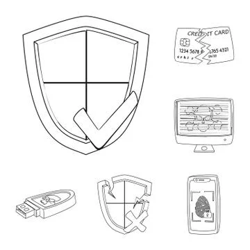 Vector design of virus and secure sign. Collection of virus and cyber stock Stock Illustration