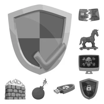 Vector design of virus and secure sign. Collection of virus and cyber stock Stock Illustration