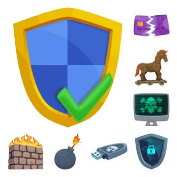 Vector design of virus and secure sign. Collection of virus and cyber stock Illustrazione stock