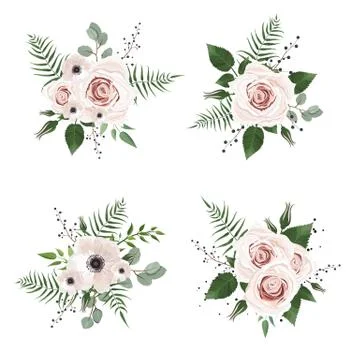 Vector designer elements set collection of green forest leaves, and flowers in Stock Illustration