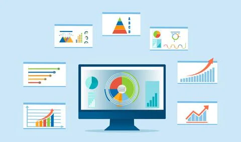 Vector of a desktop computer with multiple financial graphs and charts Stock Illustration