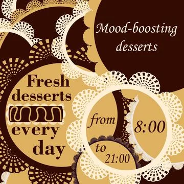 Vector dessert menu square template with chocolate brown background and vin.. Stock Illustration