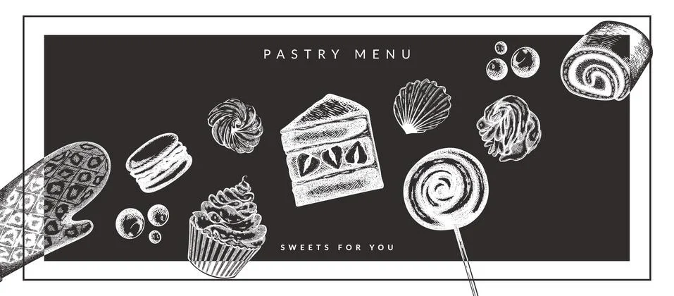 Vector dessert pastry menu in etching vintage style. Template flyer for Stock Illustration