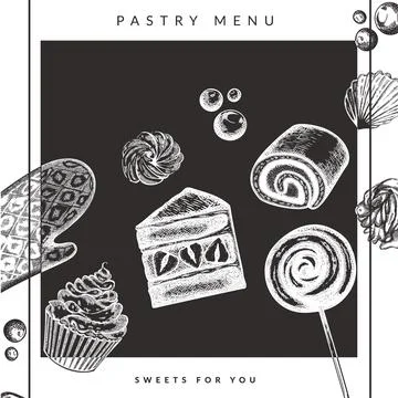 Vector dessert pastry menu in etching vintage style. Template flyer for Stock Illustration