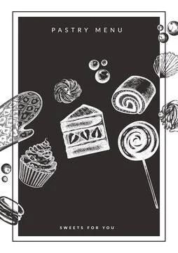 Vector dessert pastry menu in etching vintage style. Template flyer for Stock Illustration