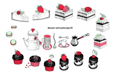 Vector desserts set, tea tools. Can be use for bakery, pastry, coffee house.. Stock Illustration
