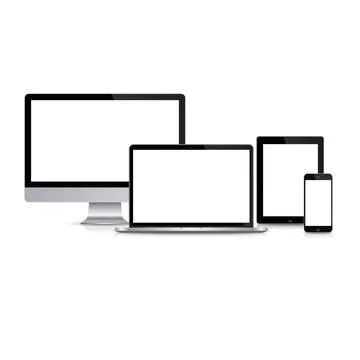 Vector Device Mockup Set. Isolated Computer, Laptop, Tablet and Smartphone Stock Illustration