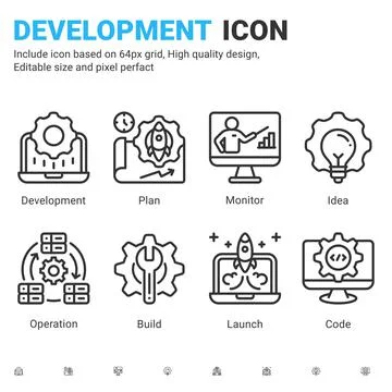 Vector devops icons set with outline style isolated on white background Illustrazione stock