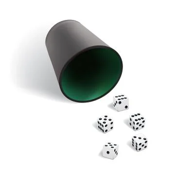 Vector dice gambling template. White cubes with dice cup on white background. Stock Illustration