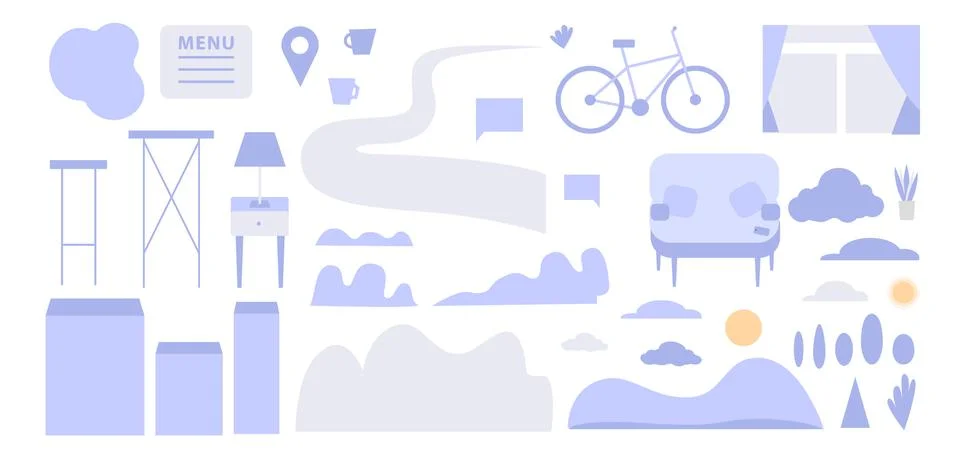 Vector diferent elements and objects to create backgrounds, landscape, interior Stock Illustration