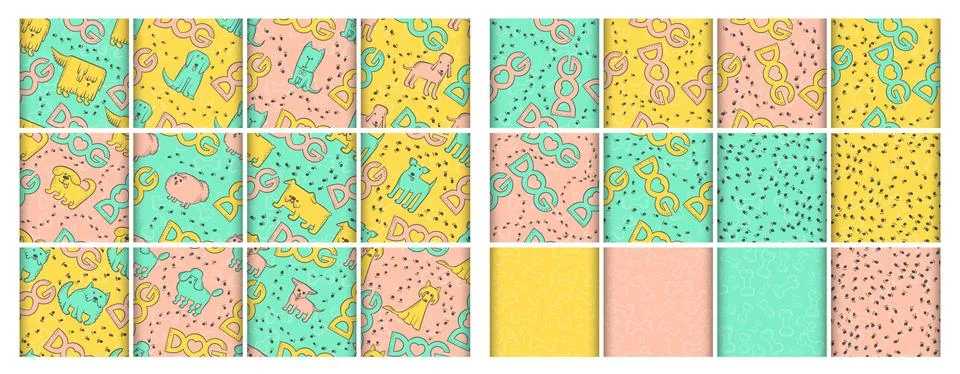 Vector different comic dogs and footprints set seamless patterns. Funny Stock Illustration