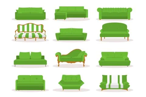 Vector Different Green Leather Luxury Office Sofa, Couch Icon Set in Flat Style Stock Illustration