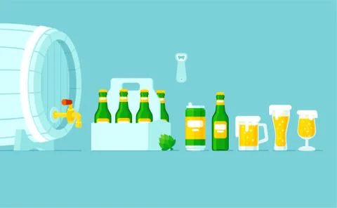 Vector of different type of beer glass, bottle and can types. Stock Illustration