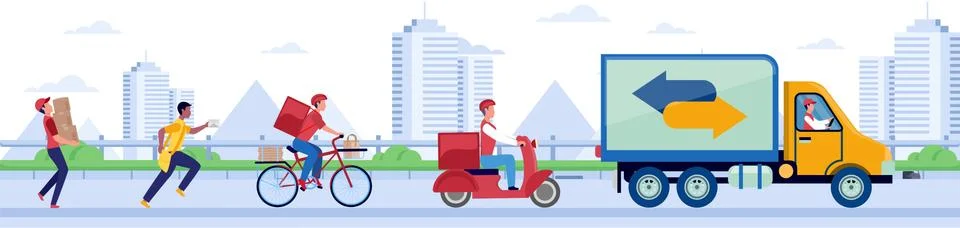 Vector of different types of delivery by truck, scooter, bicycle and walking  Stock Illustration