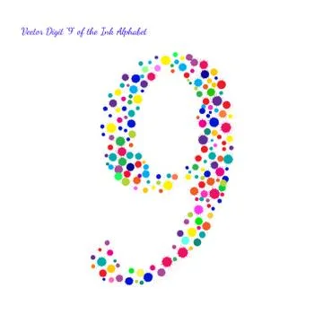 Vector Digit 9 from Bright Color Ink Blots with Splashes Stock Illustration