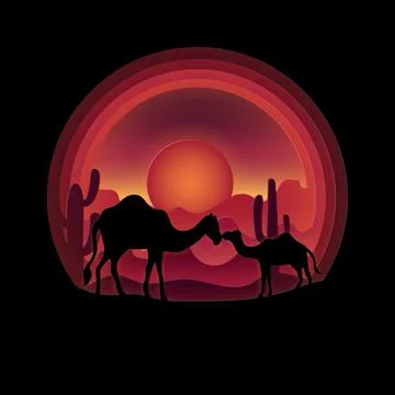 Vector digital craft style of Camels and desert in the evening. Stock Illustration