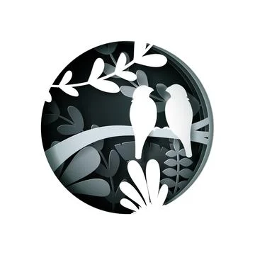 Vector digital craft style of eco forest with couple birds. Stock Illustration