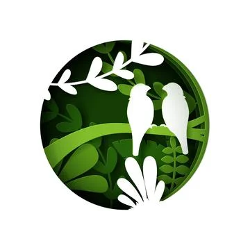 Vector digital craft style of eco green forest with couple birds. Stock Illustration