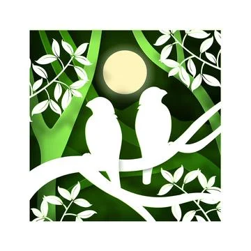 Vector digital craft style of eco green forest and fullmoon with couple birds Stock Illustration