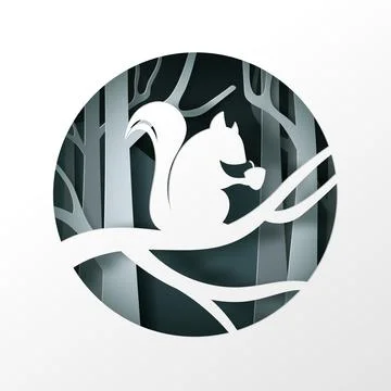 Vector digital craft style of eco forest and Squirrel with chestnut. Stock Illustration