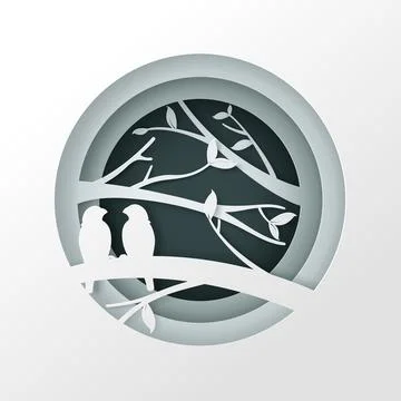 Vector digital craft style of eco forest with couple birds. Stock Illustration