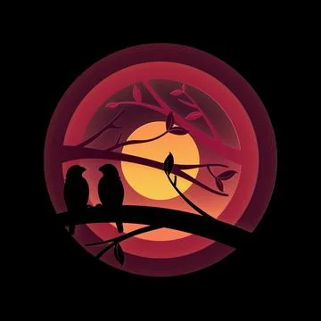 Vector digital craft style of eco forest with couple birds. Stock Illustration