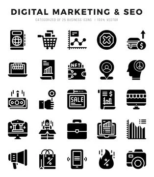 Vector Digital Marketing &amp; SEO types icon set in Glyph style. vector illust.. Ilustración de archivo
