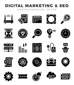 Vector Digital Marketing &amp; SEO types icon set in Glyph style. vector illust.. Stock Illustration