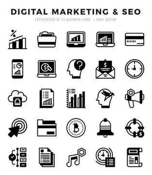 Vector Digital Marketing &amp; SEO types icon set in Lineal Filled style. vecto.. Stock Illustration