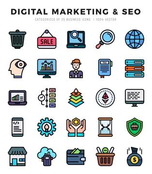 Vector Digital Marketing &amp; SEO types icon set in Lineal Color style. vector.. Stock Illustration