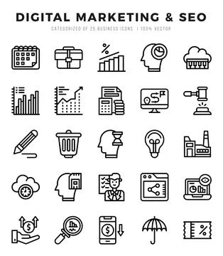 Vector Digital Marketing &amp; SEO types icon set in Lineal style. vector illus.. Stock Illustration