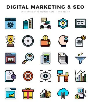 Vector Digital Marketing &amp; SEO types icon set in Lineal Color style. vector.. Stock Illustration
