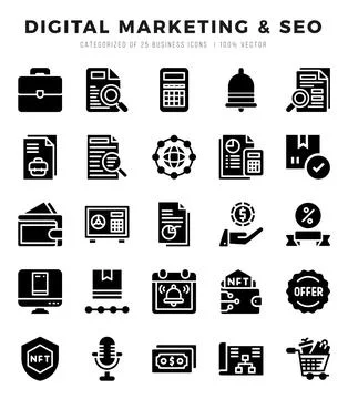 Vector Digital Marketing &amp; SEO types icon set in Glyph style. vector illust.. Stock Illustration