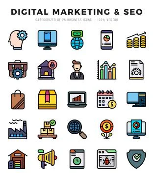 Vector Digital Marketing &amp; SEO types icon set in Lineal Color style. vector.. Stock Illustration