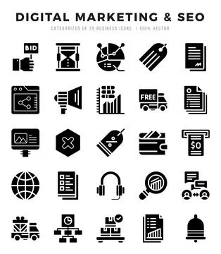 Vector Digital Marketing &amp; SEO types icon set in Glyph style. vector illust.. Stock Illustration