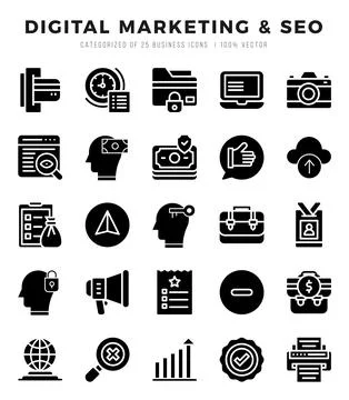 Vector Digital Marketing &amp; SEO types icon set in Glyph style. vector illust.. Stock Illustration